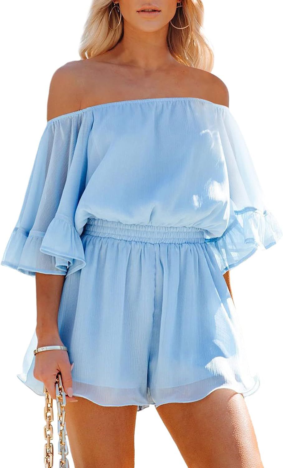 Fixmatti Women Boho Summer Romper Casual Floral Print Off Shoulder Strapless Shorts Jumpsuit | Amazon (US)