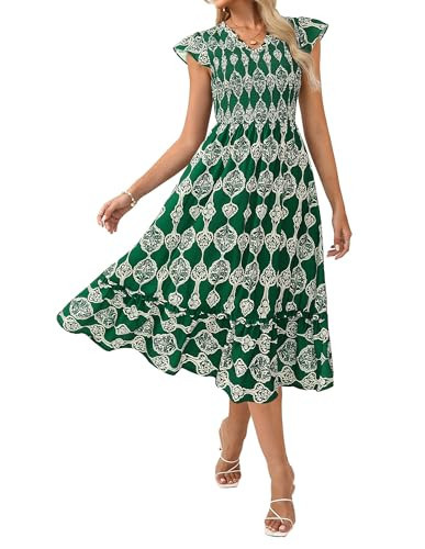 GRACE KARIN Casual Summer Dress for Women 2026 V-Neck Short Sleeve Smocked Midi Dress Green Floral L | Amazon (US)