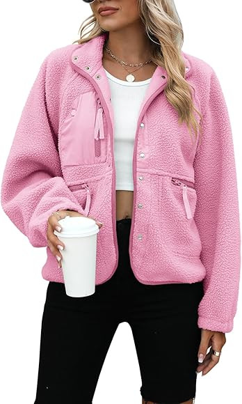 Yanekop Womens Fleece Jacket Fuzzy Long Sleeve Short Coats Button Down Sherpa Outerwear with Pock... | Amazon (US)