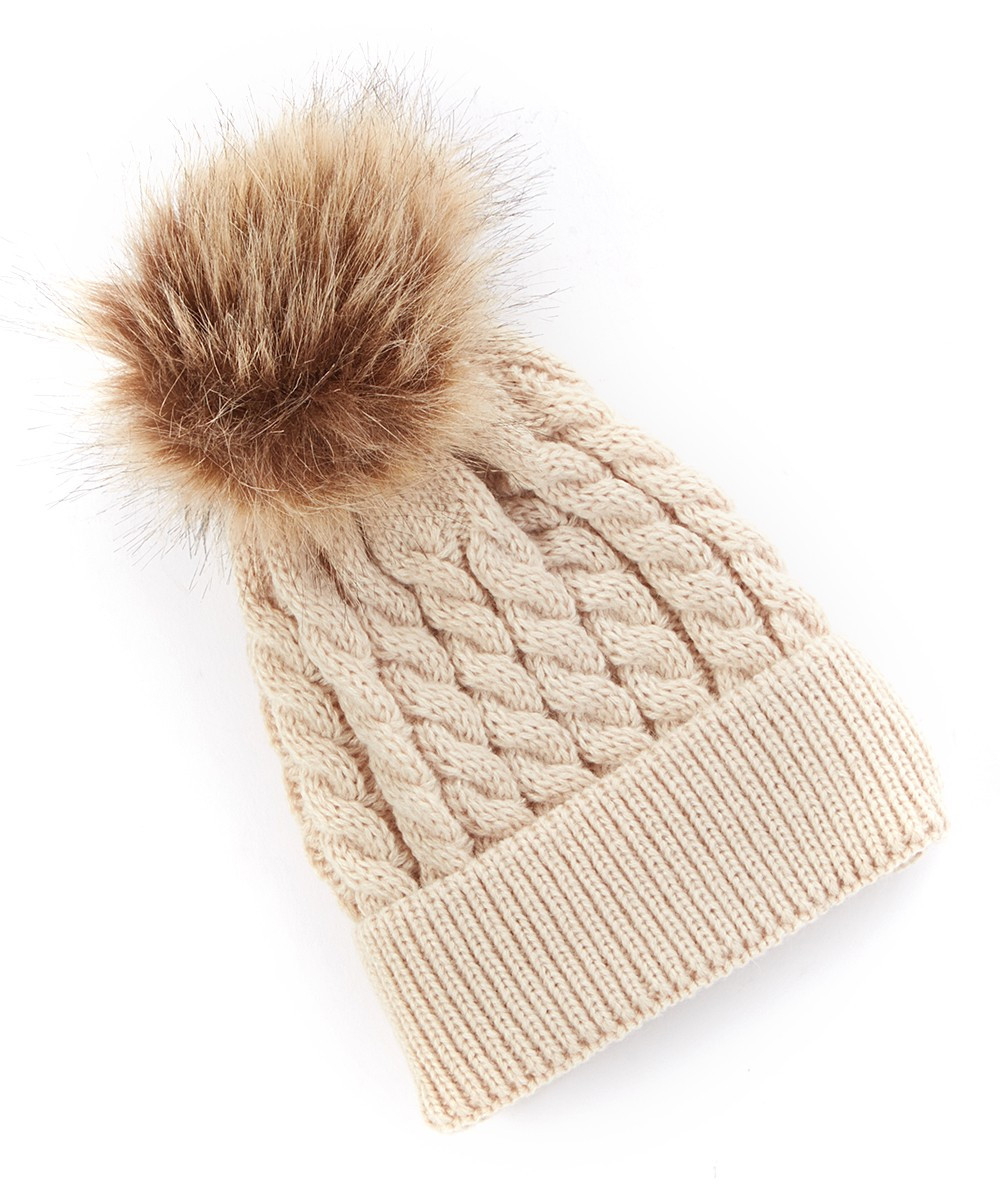 Brown Knit Faux-Fur Pom-Pom Beanie - Newborn | zulily