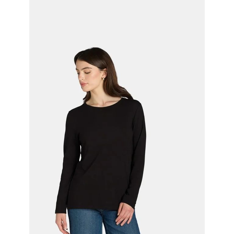 Time and Tru Women's Cotton Crewneck Tee with Long Sleeves, Size XS-XXXL - Walmart.com | Walmart (US)