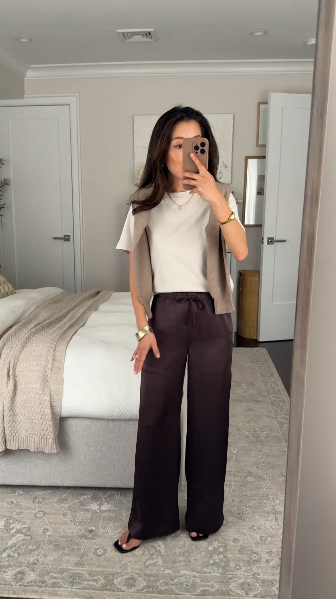 these now come in short!
• Satin lodge pants 2XS short, 27.5” inseam. these fit a little smaller at the hips and thighs for me than the other fabrics (crepe and linen) so i will try a size up from this video 

• cotton tee 2XS, softly structured, soft and not see thru. You can size up to account for some shrinkage with washing cotton 

Elevated easy outfit, petite friendly satin pants, closet staple pieces

#LTKPetite #LTKWorkwear #LTKootd