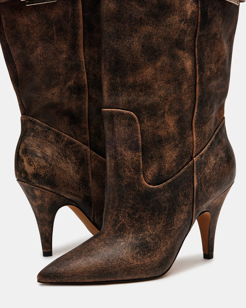 BADDIE Brown Distressed Over-The-Knee Moto Boot | Women's Boots | Steve Madden (US)