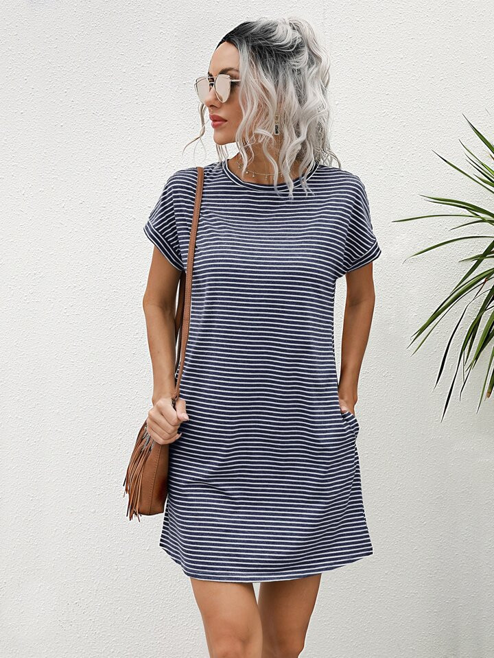 SHEIN LUNE Striped Print Pocket Detail Tee Dress | SHEIN