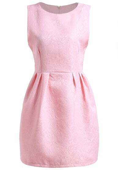Pink Round Neck Sleeveless Jacquard Dress | SHEIN