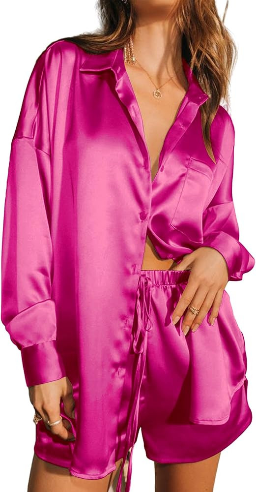 Ekouaer Womens 2 Piece Satin Pajama Set Long Sleeve PJs Sets Button Down Lounge Sets Soft Sleepwe... | Amazon (US)