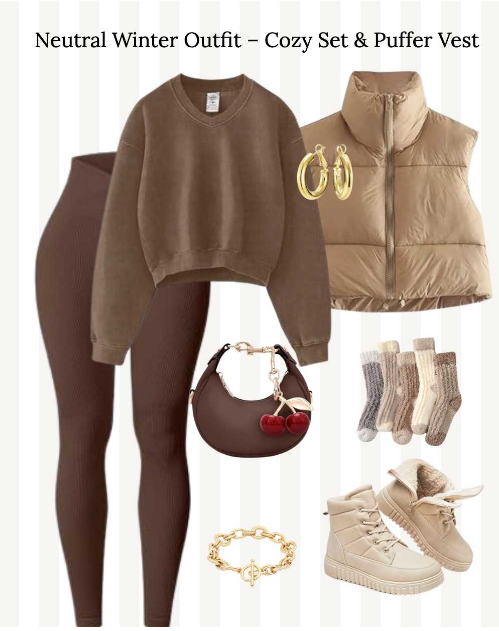 Cozy neutrals for winter: ribbed leggings, cropped sweatshirt, puffer vest, sherpa boots, and the cutest cherry bag. Effortless, warm, and aesthetic. #cozyoutfit #womensoutfit #neutraloutfitideas #cozystyle #amazonmusthaves 

 #LTKgrwm #LTKootd #LTKFindsUnder50