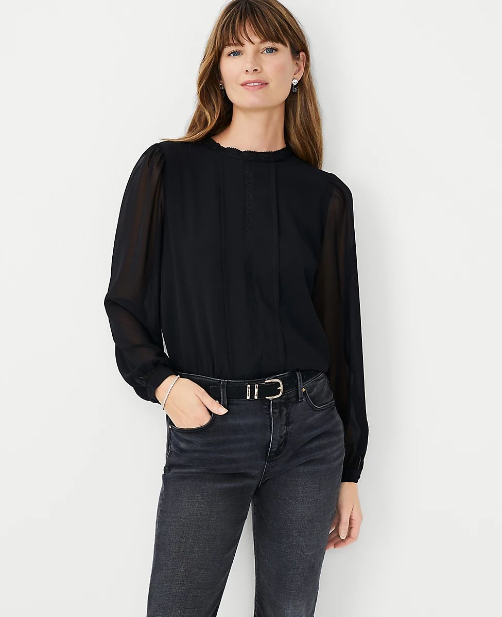 Lace Mixed Media Mock Neck Blouse | Ann Taylor (US)