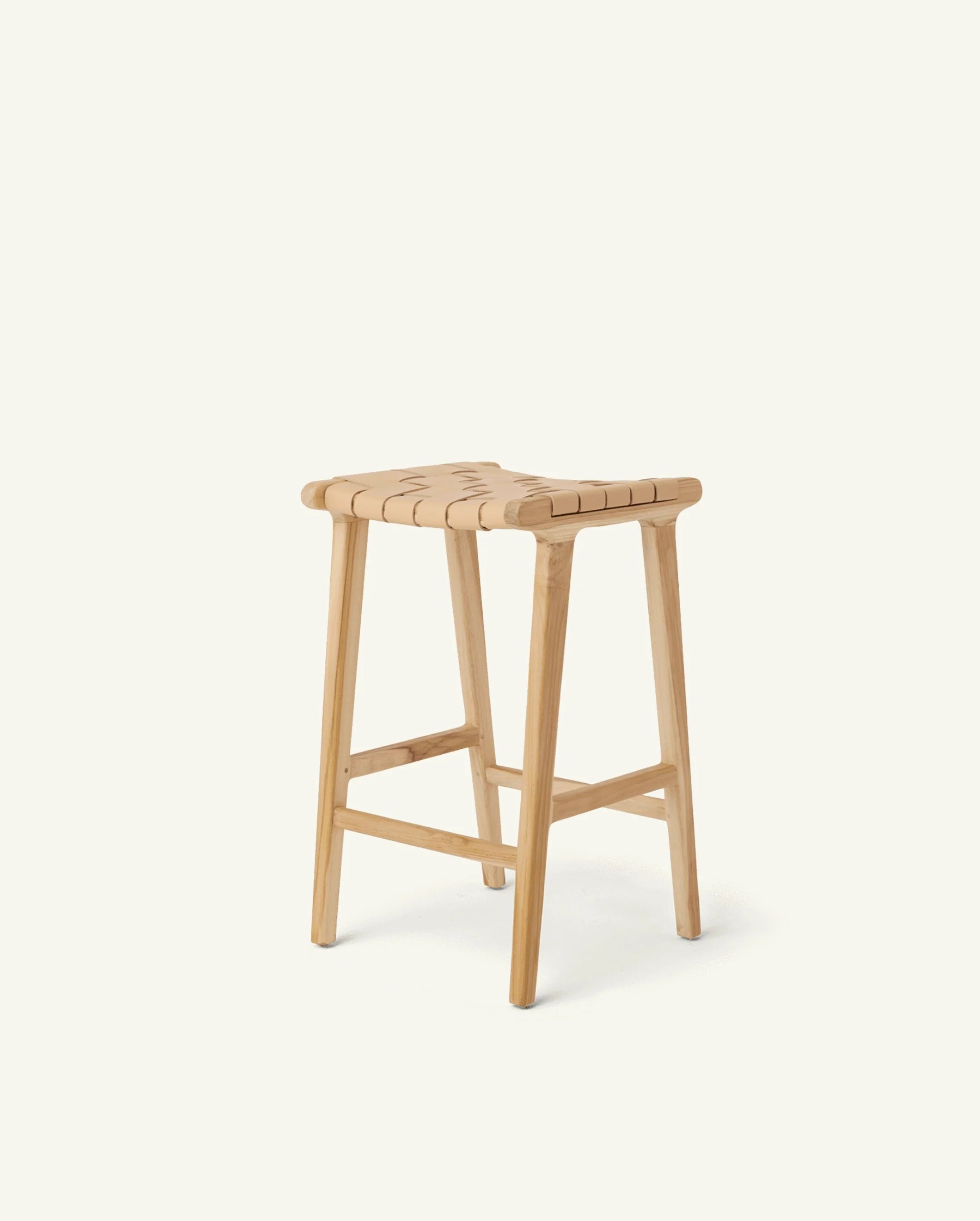 Stool #3 - Counter Stool in Teak with Woven Neutral Leather | Hati Home