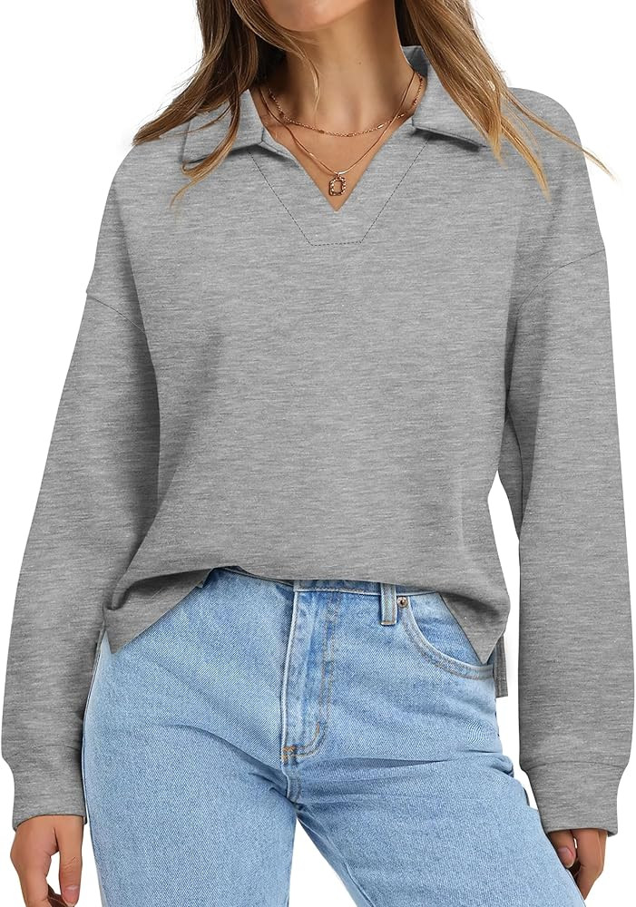 WIHOLL Womens Long Sleeve Tops Collared V Neck Polo Shirts Lightweight Sweatshirt 2024 Fall Fashi... | Amazon (US)