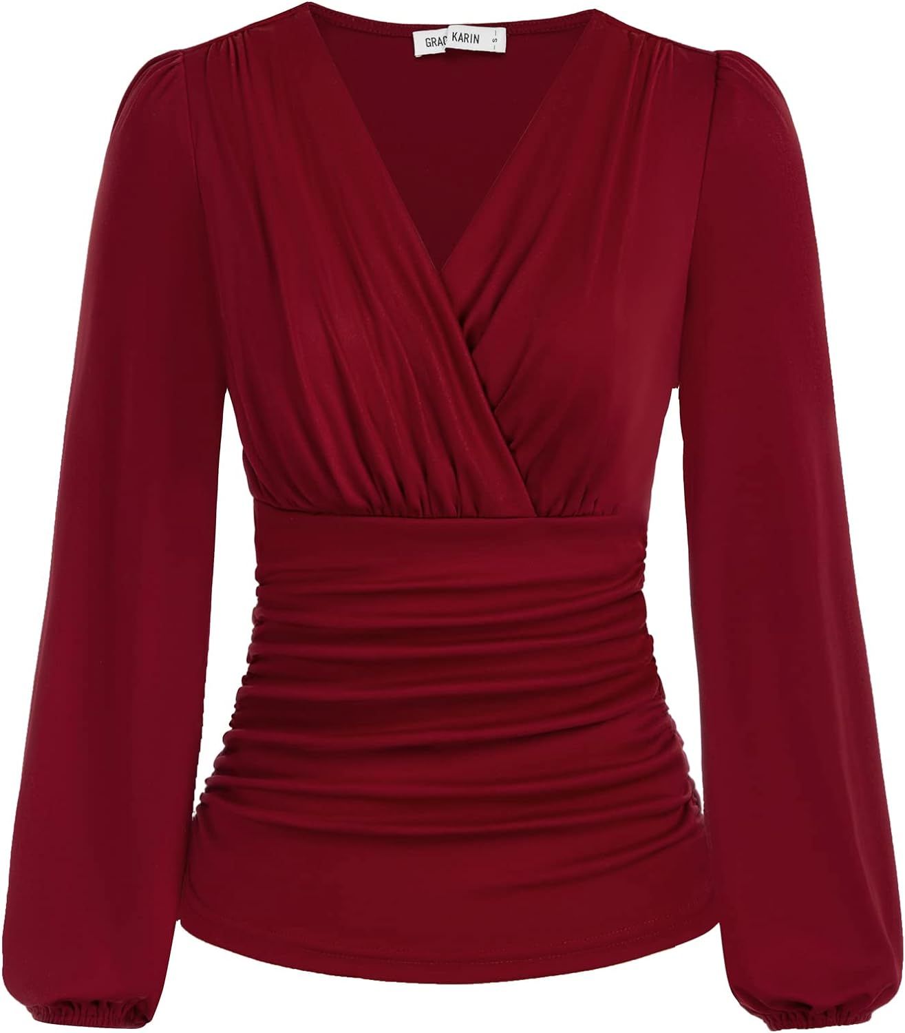 GRACE KARIN Womens Tops Elegant Surplice Wrap Blouse V Neck Lantern Long Sleeve Slim Fit Ruched T... | Amazon (US)