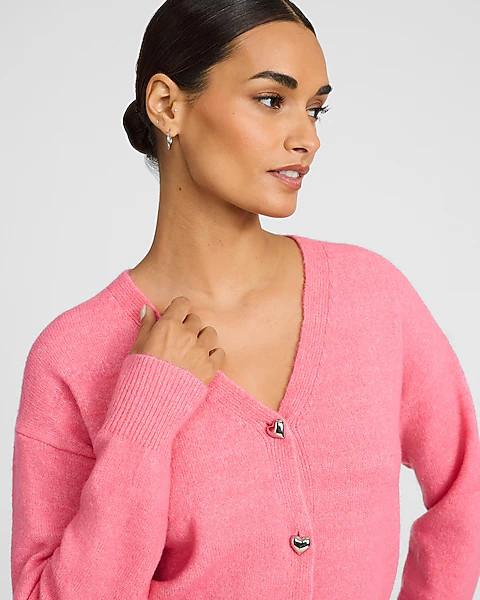 V-Neck Heart Button Cardigan | Express