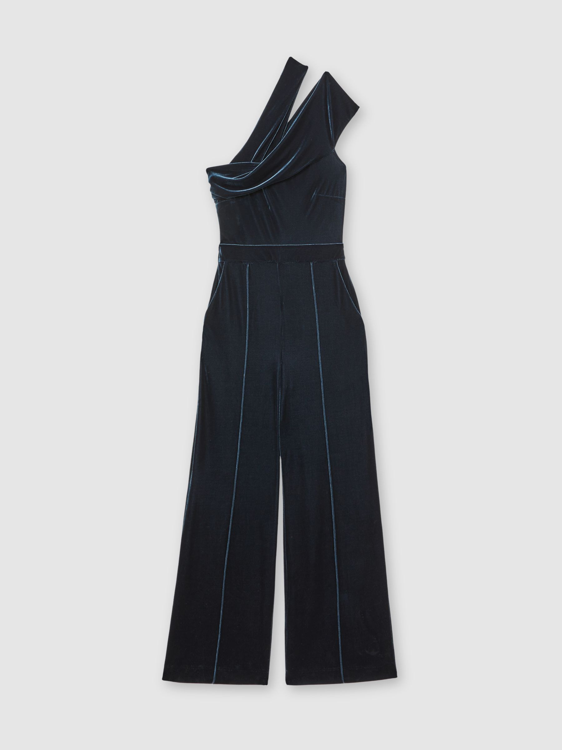 Reiss Velvet One-Shoulder Wide-Leg Jumpsuit in Teal Green | REISS | Reiss US
