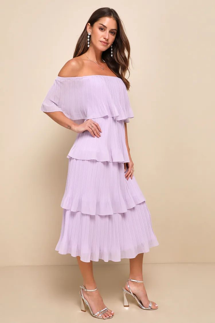 Gala Ready Lavender Off-the-Shoulder Ruffle Midi Dress | Lulus