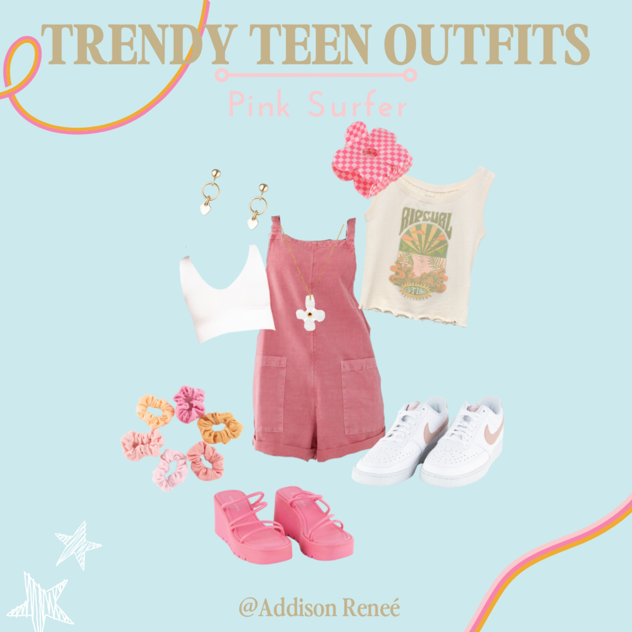Trendy teen outfit 
Pink surfer, Barbie, teen Barbie, teen Barbie clothes, retro clothes, retro teen, trendy teen, trendy teen outfits, teen fashion, teen graphic tee, graphic t, graphic tshirt, scrunchy, scrunchie, halter top, cute clip, cute teen shirt, cute teen shoes, cute shoes, pink shoes, platform shoes, platform nike, Nike platform, checkered clip, overall, cute overalls, teen overall, print overalls, cute one piece, teen one piece, rip curl, rip curl tshirt, surfer, beach vibe, beach wear, teen, teen clothes, teen girl 

#LTKFind #LTKBacktoSchool #LTKkids