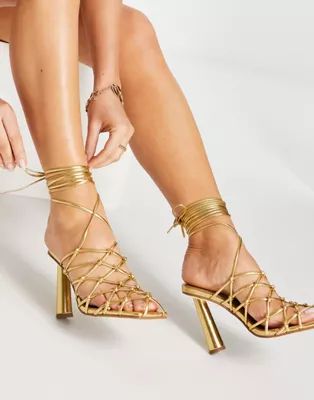 ASOS DESIGN Pearl caged tie leg high heels in gold | ASOS (Global)