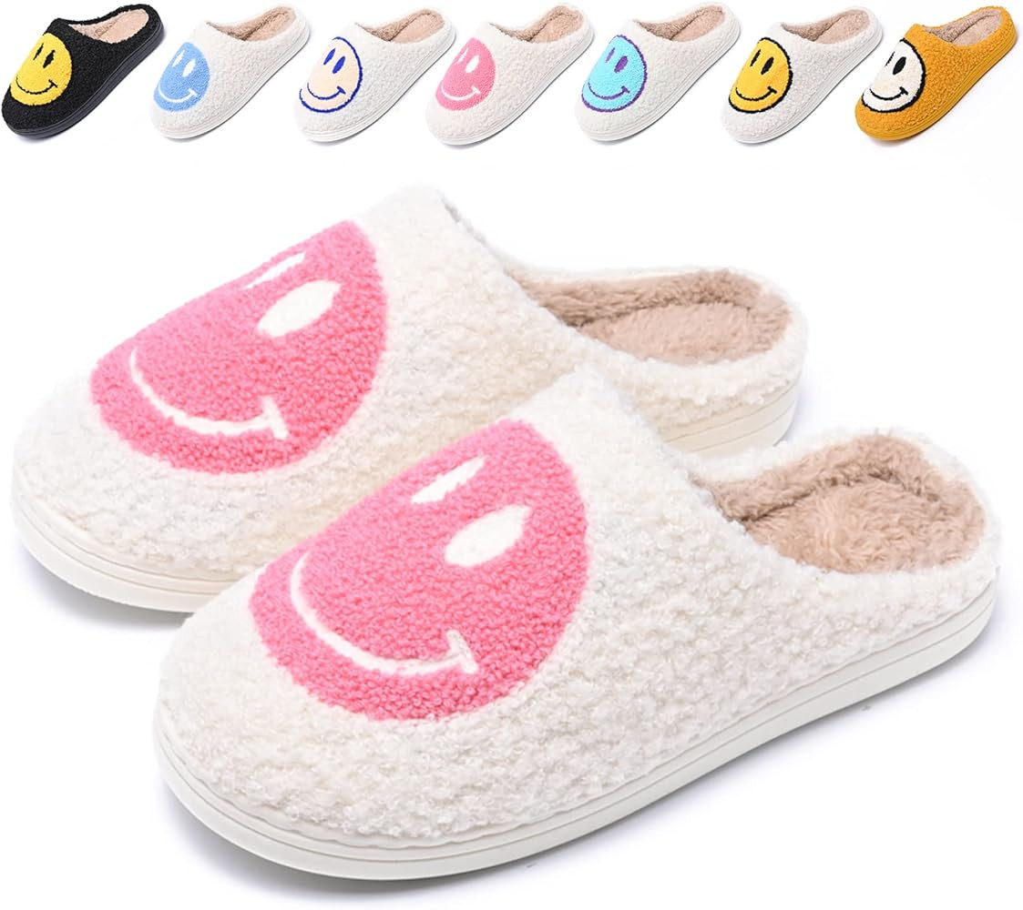 Cute Smile Face Slippers for Women and Men,Soft Plush Comfy Warm Couple Slip-On House Happy Face ... | Amazon (US)