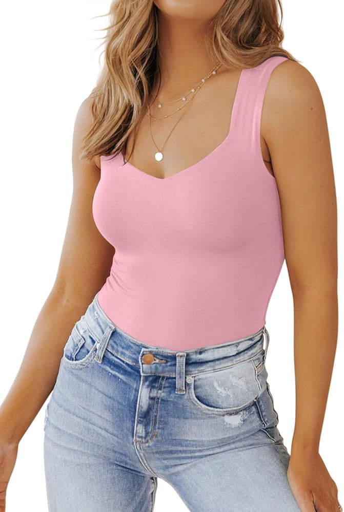 PINKMSTYLE Women's Basic Double Lined V Neck Tank Tops Sleeveless Shirts Slimming Summer Tops | Amazon (US)