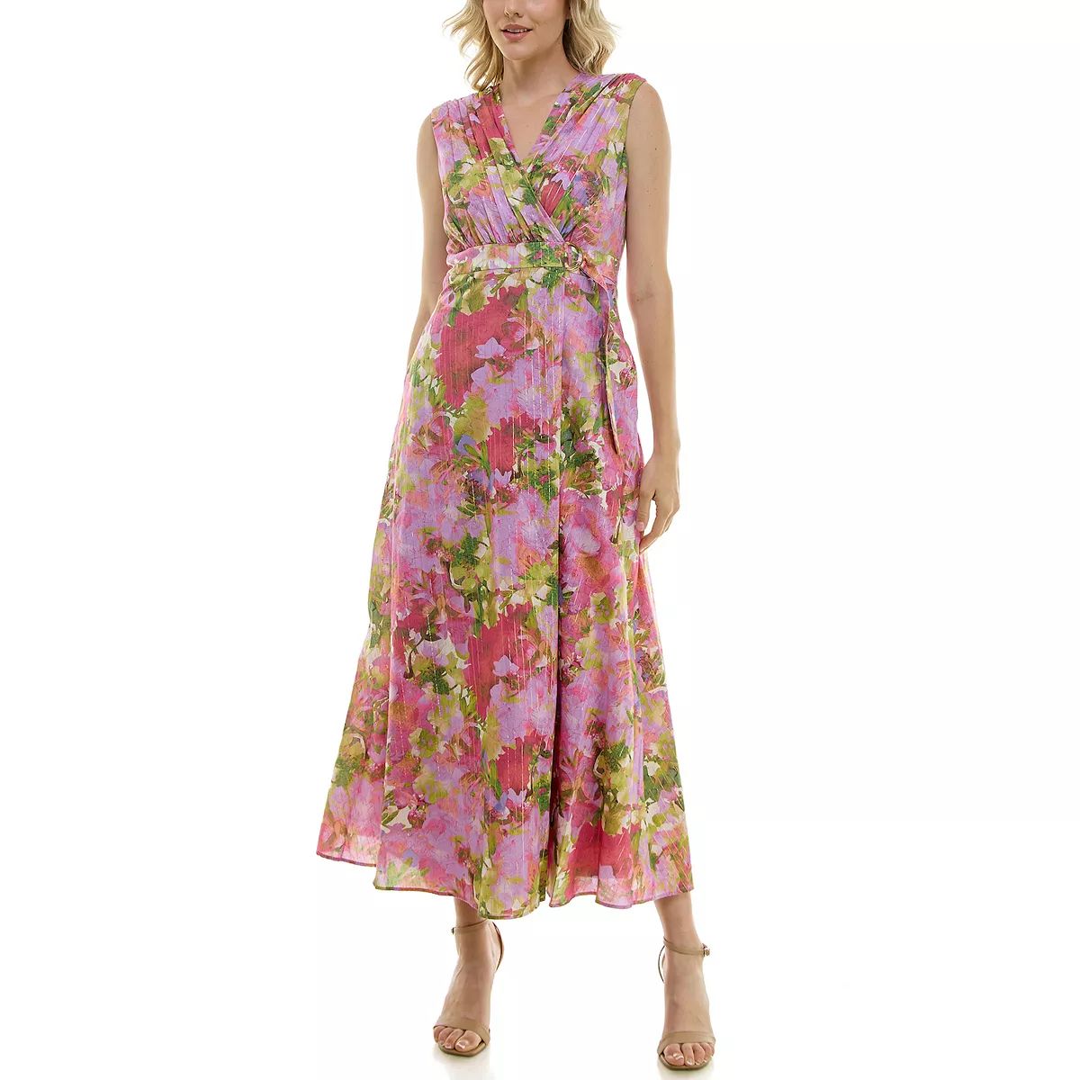 Women's Taylor Floral Print Voile Pleated V-Neck Sleeveless Maxi Dress | Kohl's