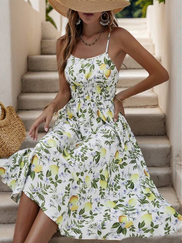 SHEIN VCAY Lemon Pattern Print Waist Flounce Cami Dress | SHEIN