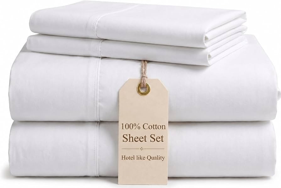 100% Cotton Sheets King Size, 4 Piece, White King Bed Sheets | Amazon (US)