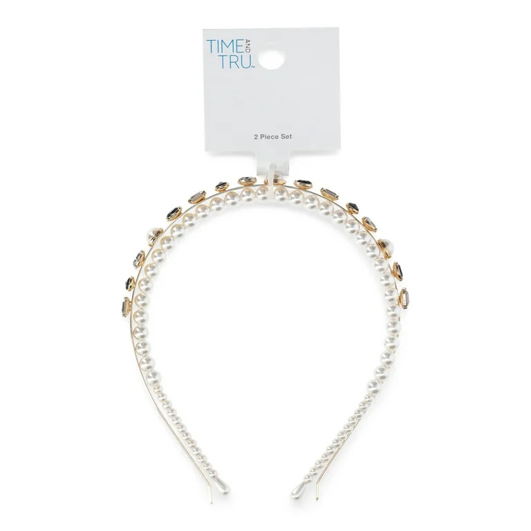 Time and Tru Women's Rhinestone Embellished and Faux Pearl Hair Headband 2-Piece Set, Black - Wal... | Walmart (US)