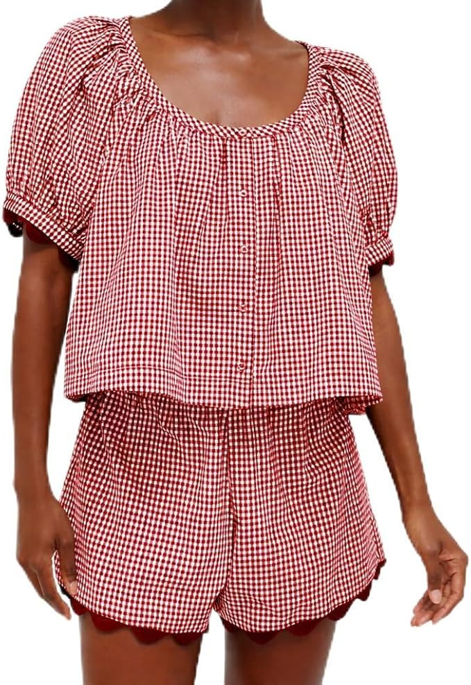 VAOYIU Two Piece Sets for Women Casual Summer Gingham Outfit Puff Sleeve Crew Neck Top Matching S... | Amazon (US)
