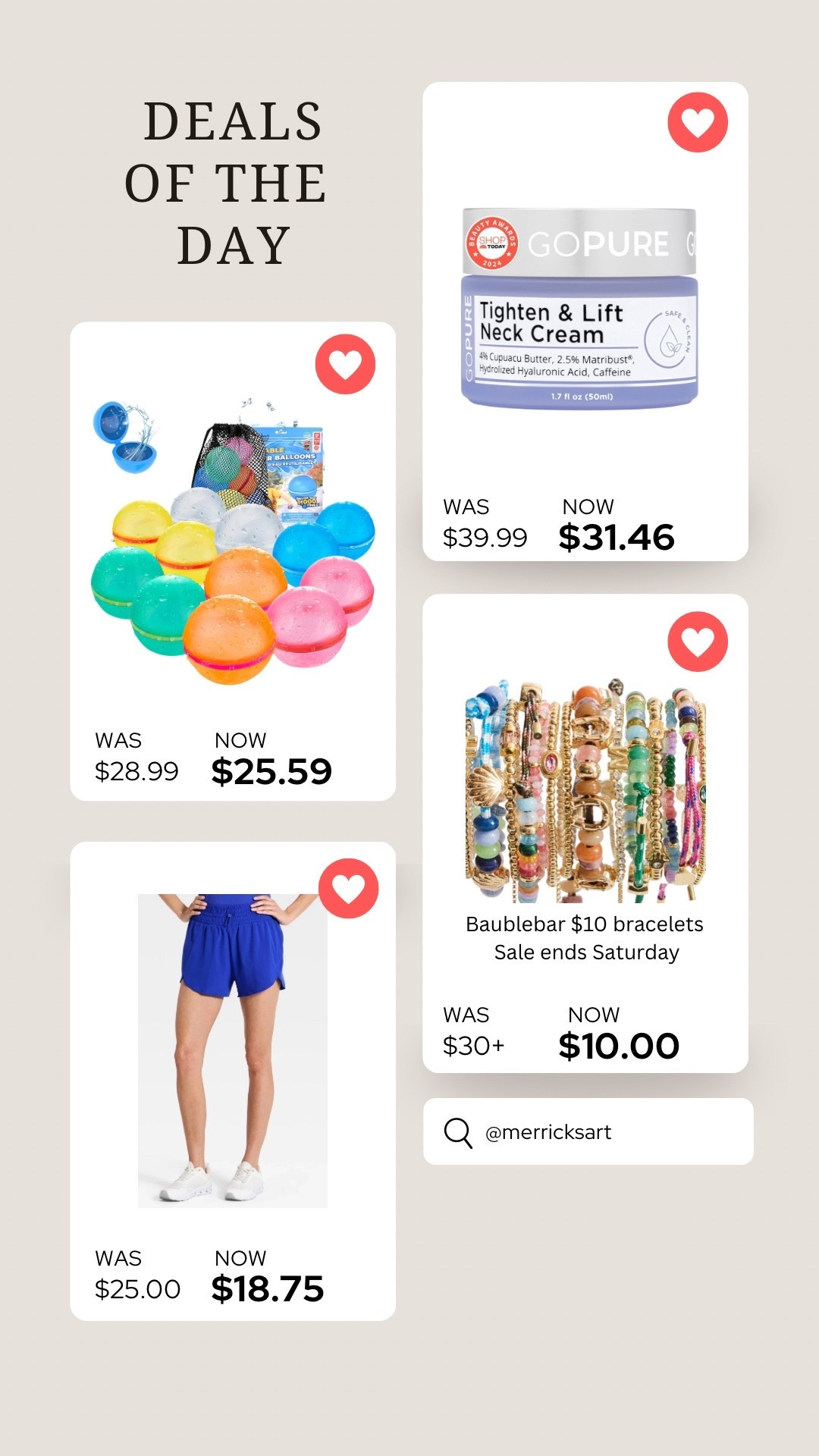 Daily deals! Time to get ready for summer with cute bracelets on sale this weekend, summer running shorts, reusable water balloons, and a fantastic neck cream!