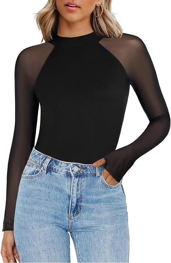 Zeagoo Long Sleeve Shirts for Women Floral Mesh Sheer Top Mock Neck Double Lined Fitted Going Out... | Amazon (US)