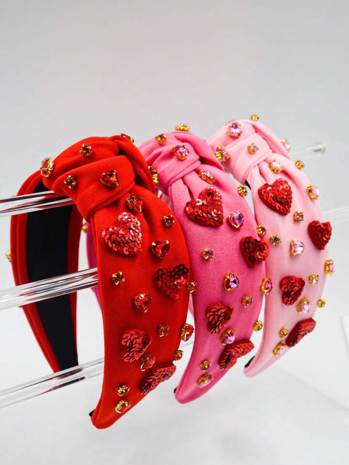 1pc Valentine's Day Women's Fabric Headband, Rhinestone Heart, Sequin Heart Decor Knotted Fashion... | SHEIN