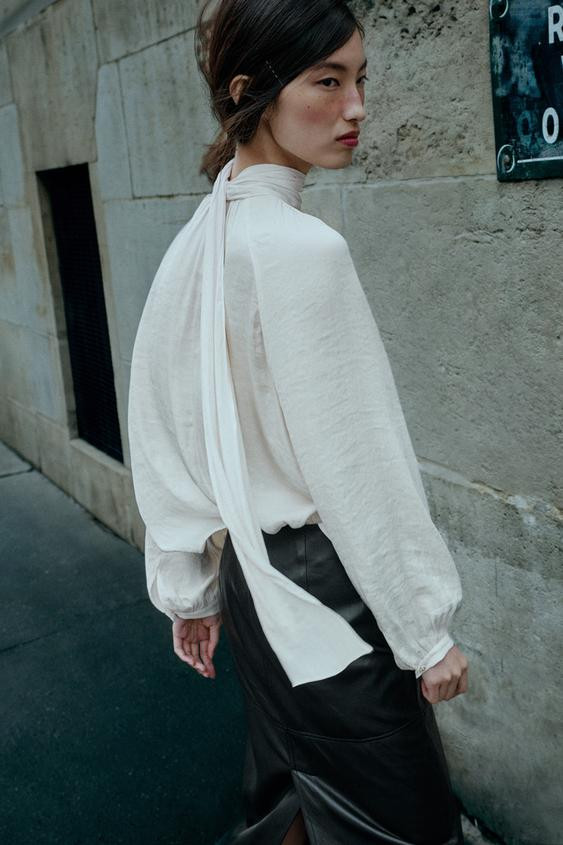 Zara - Flowy Bow Blouse - Ecru - M - Woman | Zara US