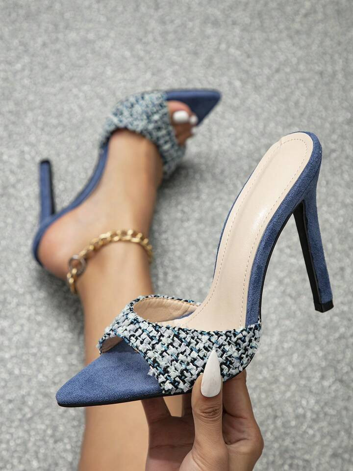 Fashion Blue Sandals For Women, Plaid Pattern Tweed Stiletto Heeled Mule Sandals | SHEIN