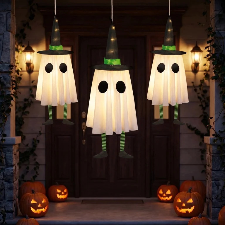 DAYBETTER 3 Pack Halloween Hanging Ghosts Light Up Decor, LED Ghost with Witch Hat Cute Lighted O... | Walmart (US)