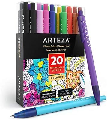 ARTEZA Retractable Gel Ink Pens, Set of 20 Assorted Colors, Fine Tip 0.7 mm, Perfect for Writing ... | Amazon (US)
