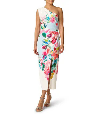 Adrianna Papell Floral Print One Shoulder Twill Midi Gown | Dillard's | Dillard's