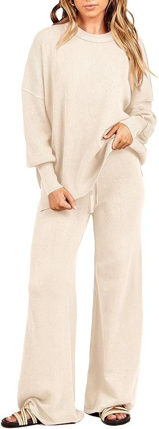 ANRABESS Women 2 Piece Outfits Oversized Chunky Knit Sweater Top Wide Leg Pants 2024 Fall Lounge ... | Amazon (US)