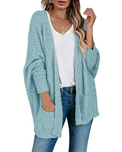Saodimallsu Womens Chunky Popcorn Cardigan Oversized Open Front Boyfriend Batwing Long Sleeve Fuzzy Knit Sweaters (Large, Blue) | Amazon (US)