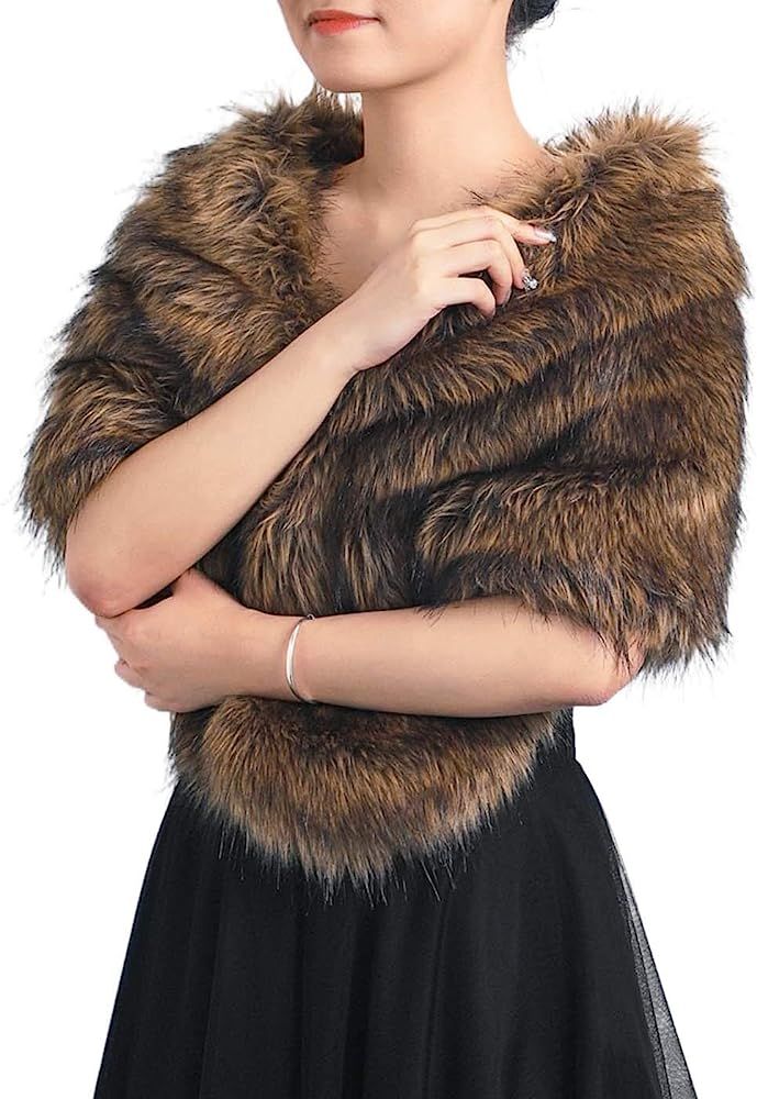 Gorais Bride Wedding Faux Fur Shawls and Wraps Winter Bridal Fur Scarf with Brooch for Bride and ... | Amazon (US)