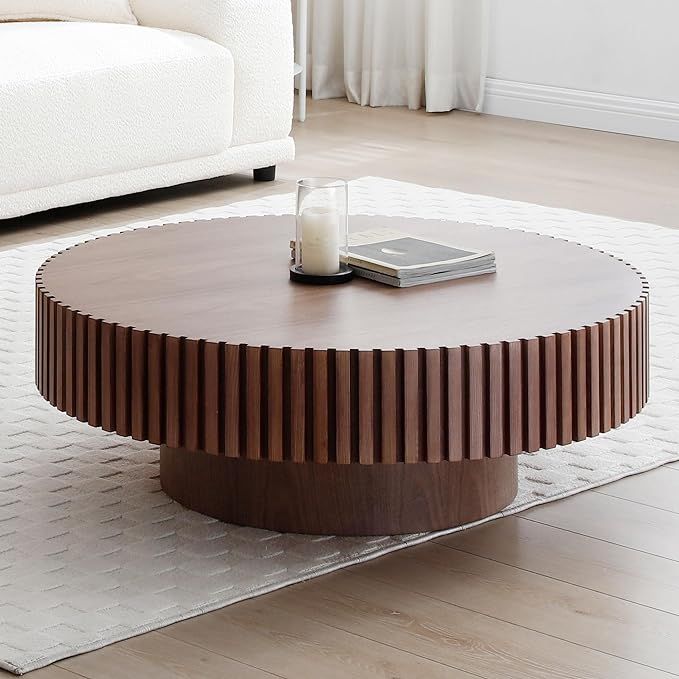 31.49'' Round Coffee Table Wood End Table for Living Room, Modern Contemporary Circle Fluted Drum... | Amazon (US)