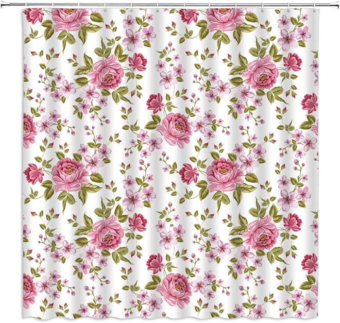 Vintage Floral Shower Curtain Watercolor Pink Flower Green Leaves Romantic Modern Fashion Girl Wo... | Amazon (US)