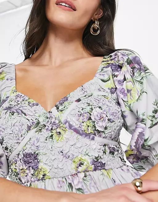 ASOS DESIGN cotton shirred corset midi dress in floral print | ASOS (Global)