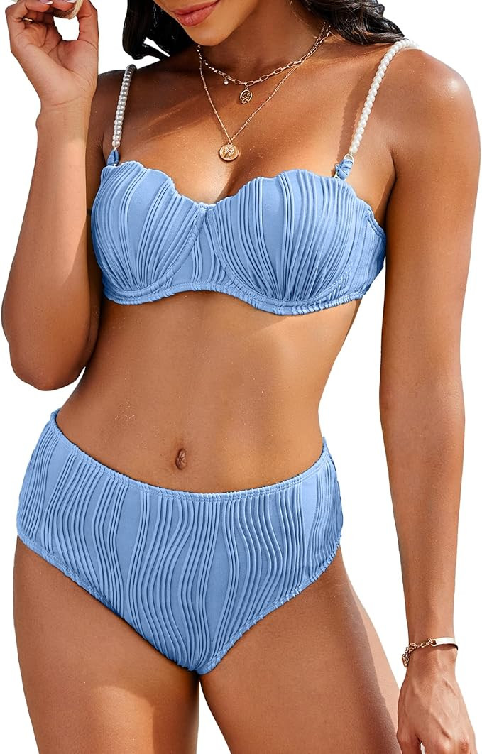 High Waisted Bikini Sets for Women 2 Piece Underwire Swimsuits Tummy Control Bathing Suit Bandeau... | Amazon (US)