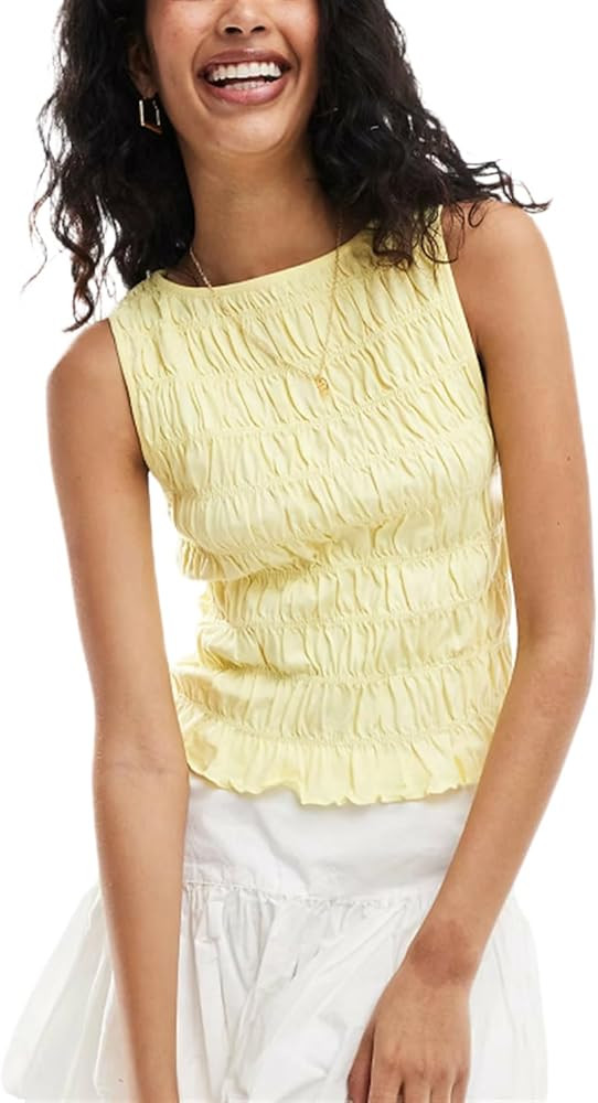 Women Shirred Tank Top Summer Smocked Tops Sleeveless Ruffle Hem Graphic Pleated Shirt Y2k Going ... | Amazon (US)