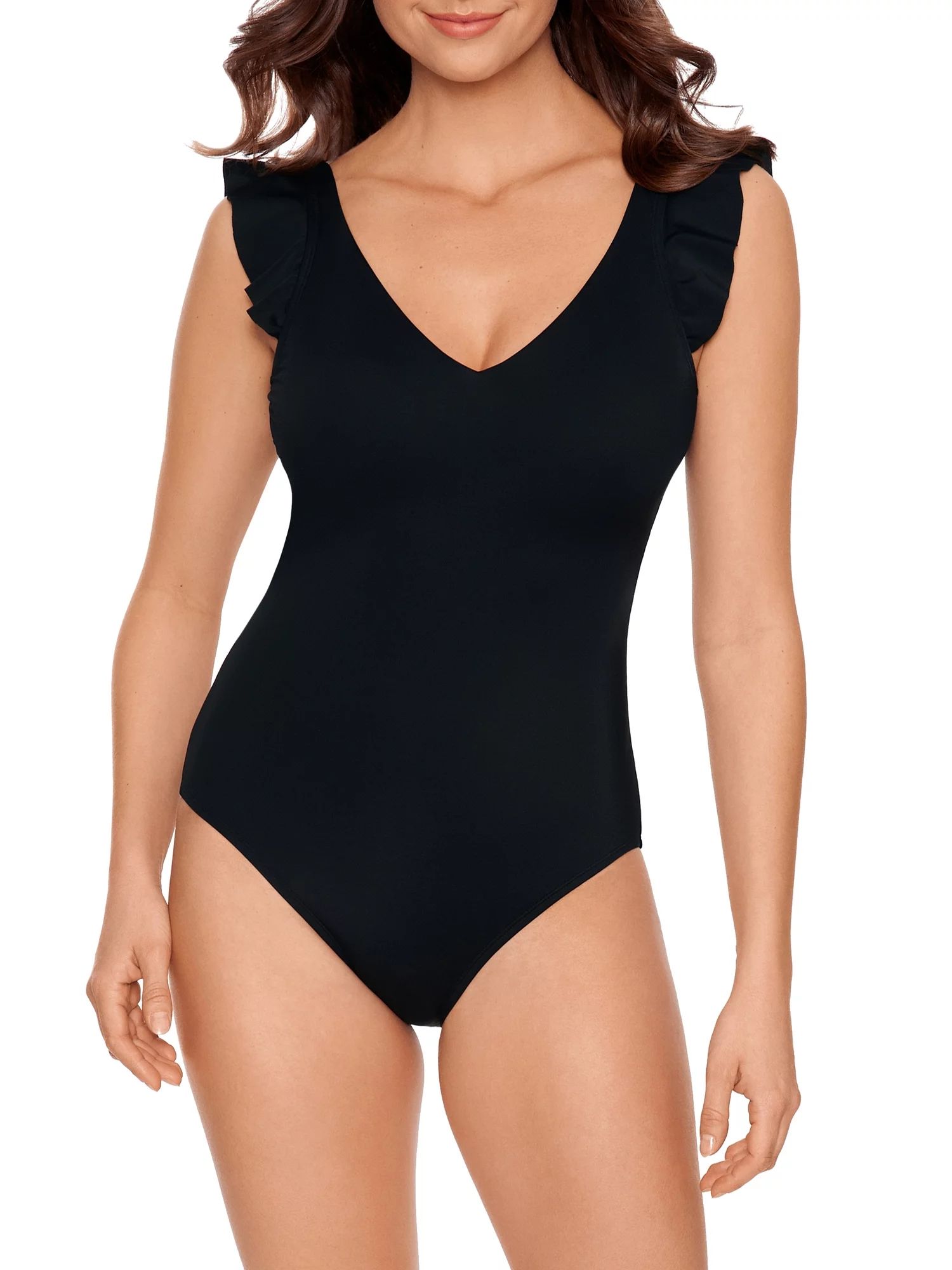 Time and Tru Women’s Plus Rich Black Ruffle Strap One Piece Swimsuit - Walmart.com | Walmart (US)