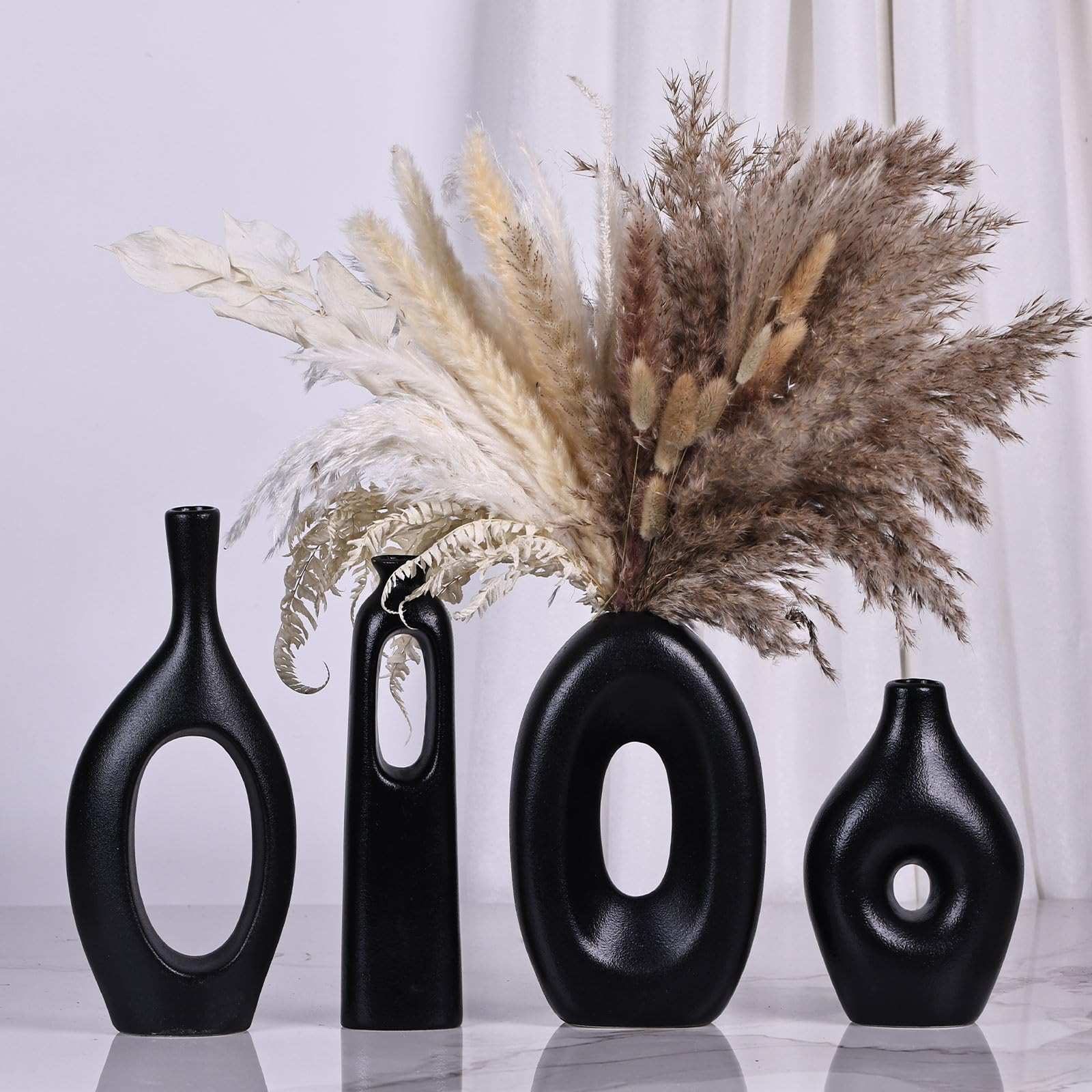 Black Vase for Home Decor - 4-Piece Round Hollow Boho Black Ceramic Vase for Pampas Grass Decor, ... | Amazon (US)