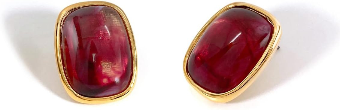 M.DUN- Round Edges Rectangle Shape Studs Earring. Abalone Amber Turquoise Resin Stone Design, 18k Real Gold Plated Bezel, Hypoallergenic Gorgeous Gift for Women | Amazon (US)