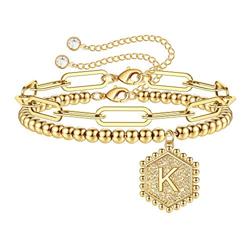 Gold Initial Bracelets for Women, 14K Gold Plated Beaded Bracelets for Women Teen Girls Hexagon Pend | Amazon (US)