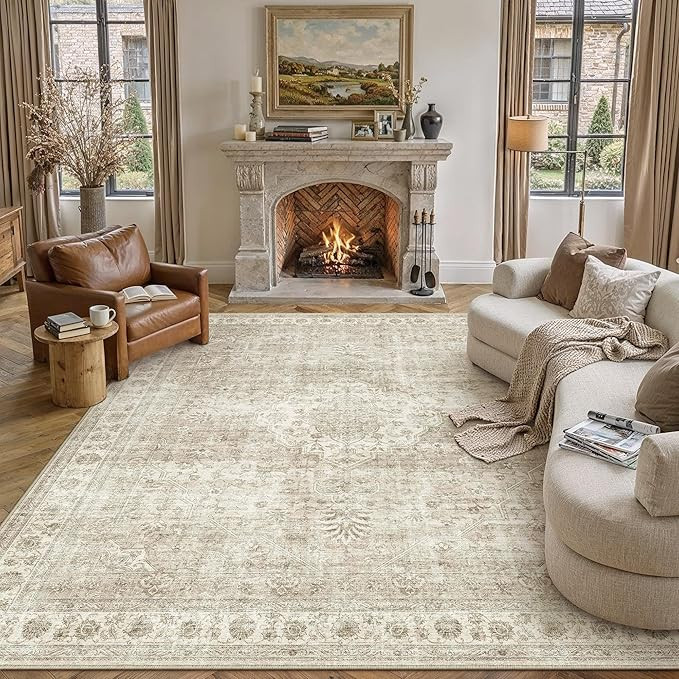 PureCozy 8x10 Beige Area Rug for Living Room,Non-Slip Backing Washable Carpet,Vintage Large Low P... | Amazon (US)