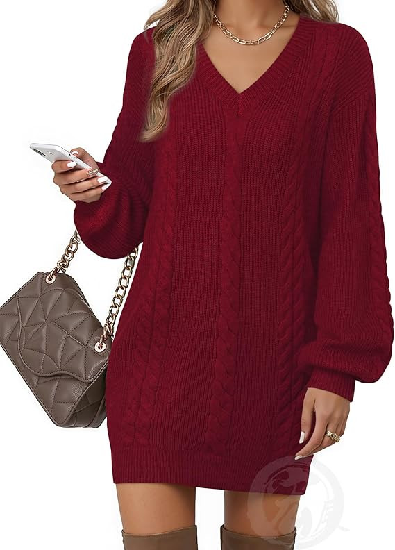 Women's Pullovers Jumper Sweaters Lantern Sleeve Casual V Neck Fall Knit Mini Sweater Dresses | Amazon (US)