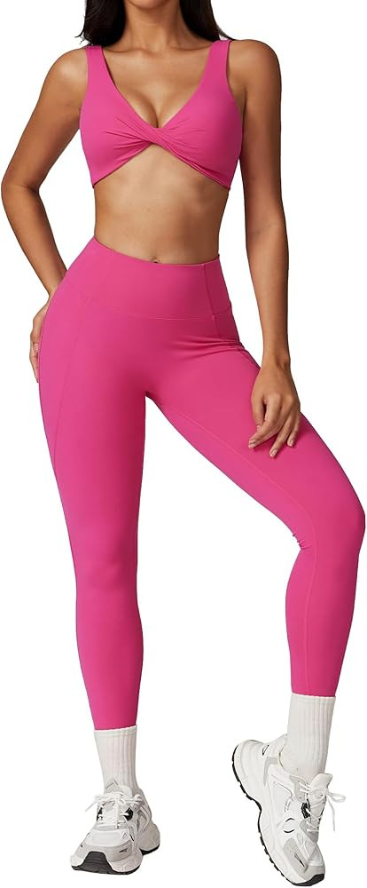 ABOCIW Workout Sets for Women Twist Front Cross Back Sports Bra High Waist Leggings 2 Piece Yoga ... | Amazon (US)